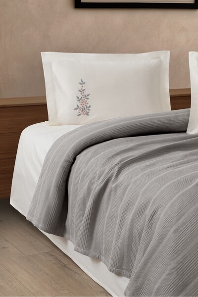 Sevim Single Person 3-Piece Embroidered Waffle Woven Pique Set - Gift Honeycomb Pique Legacy - Gray