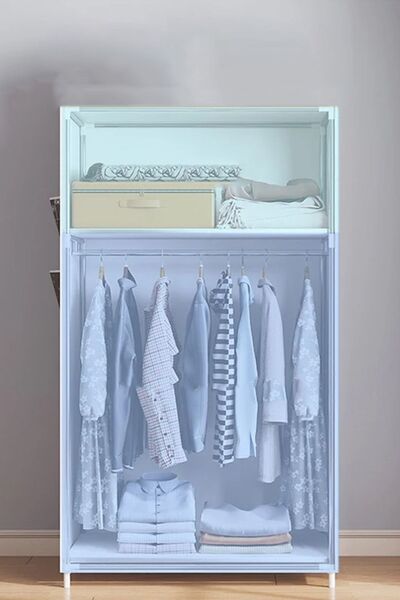 İronika Kalın Metal Borulu İskeletli Bez Gardrop Portatif Demonte Elbise Dolabı Bez Dolap Mavi