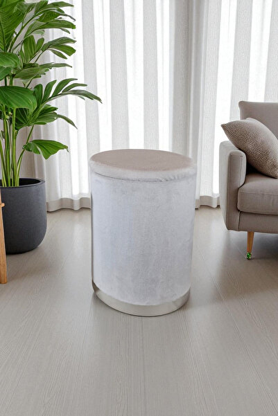 Arte Cotone Bej Krem Kadife Kumaş Dekoratif Silindir Koltuk Sandıklı Puf 32 X 43