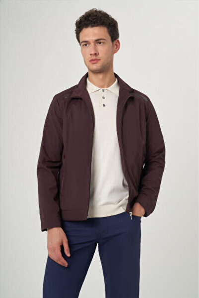Bisse Bordo Erkek Fermuarlı Deri Detaylı Mont