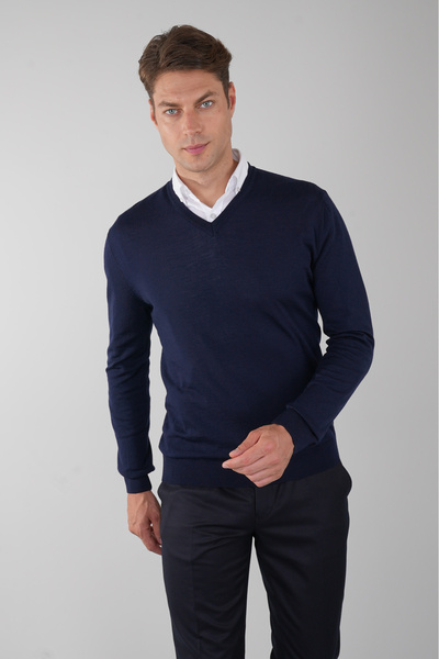 Bisse Basic V-Neck Navy Blue Men's Knitwear