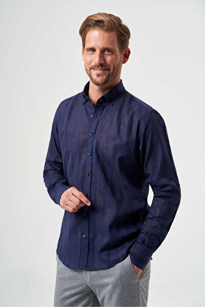 Bisse Regular Fit Paşa Yaka Transparan Lacivert Erkek Gömlek