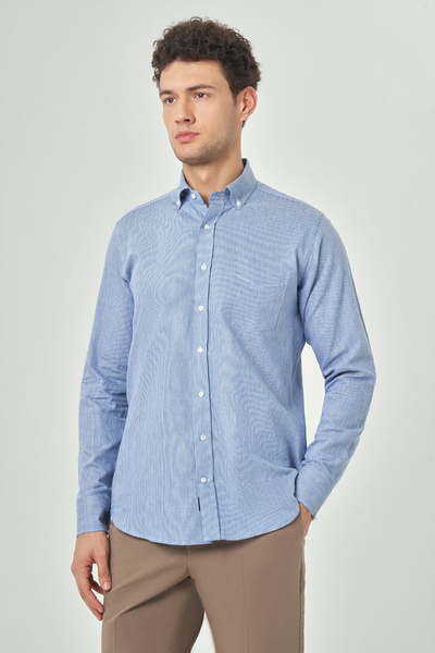 Bisse Regular Fit Spor Mavi Pamuk Keten Erkek Gömlek
