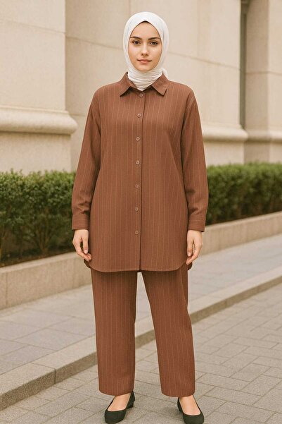 ECK MODA Women's Crepe Lycra Stretchy Striped Fabric Buttoned Elastic Waist Bottom and Top Set