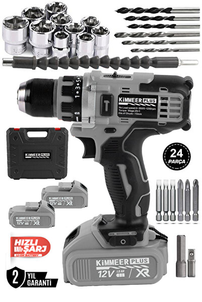 KİMMEER PLUS 18V Metal Şanzıman Darbeli Şarjlı Matkap 24 Parça Akülü Vidalama...