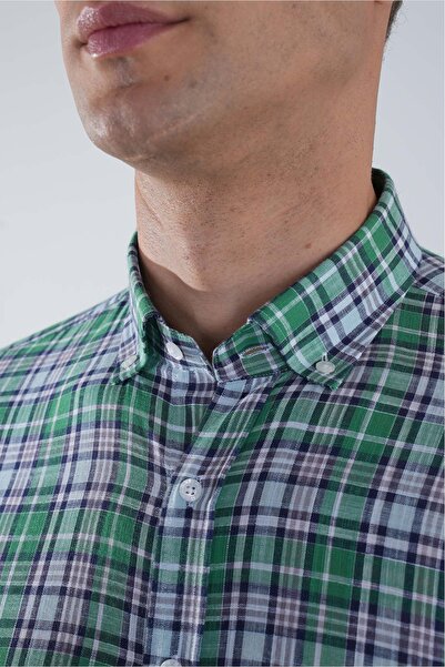Bisse Regular Fit Paşa Yaka Yeşil Desenli Pamuk Keten Erkek Gömlek