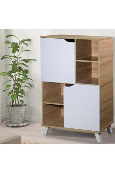 BAITY Storage Unit with 4 Drawers, Malaysian Wood, Two Doors, Wooden and White Color