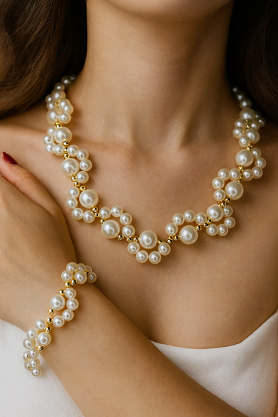 Solare Accessories Gold Detaylı İnci Kolye ve Bileklik Seti