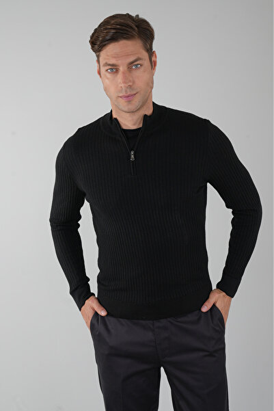 Bisse Siyah Yarım Balıkçı Fermuarlı Full Jakar Yün Erkek Triko