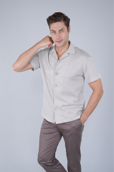 Bisse Regular Fit Apaj Collar Knitted Pocketless Ecru Men's Shirt