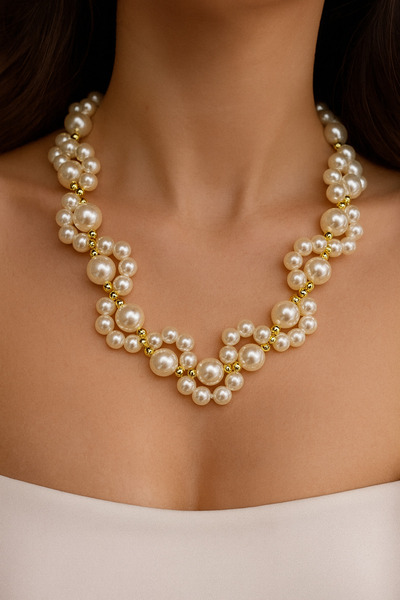 Solare Accessories Gold Detaylı İnci Kolye ve Bileklik Seti