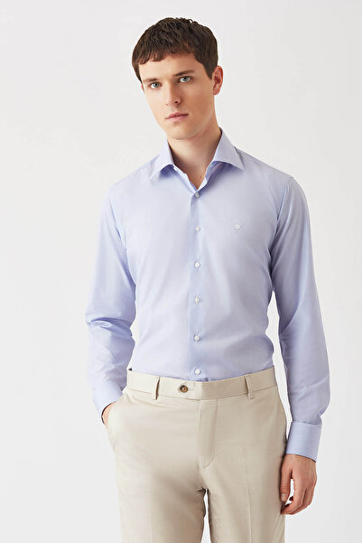 Bisse قميص رجالي كلاسيكي أزرق اللون ذو قصة عادية وأكمام طويلة