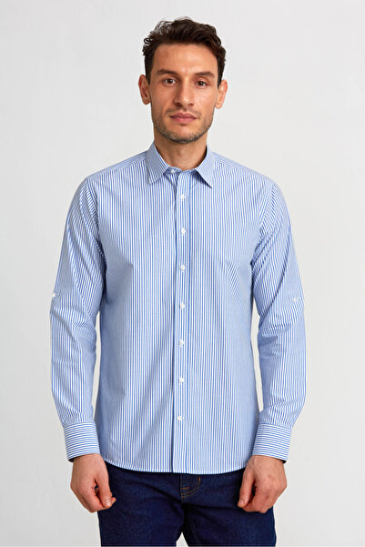 Bisse Regular Fit Paşa Yaka Düğmeli Mavi Pamuk Erkek Gömlek