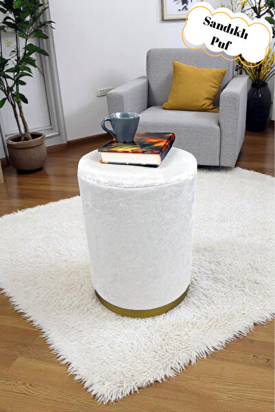 Arte Cotone Bej Krem Kadife Kumaş Dekoratif Silindir Koltuk Sandıklı Puf 32 X 43