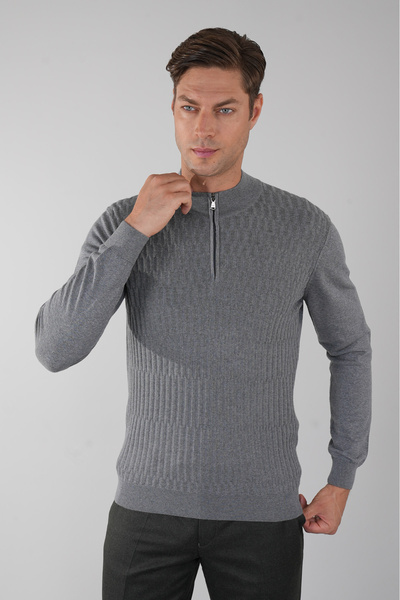 Bisse Antrasit Yarım Balıkçı Fermuarlı Full Jakar Yün Erkek Triko