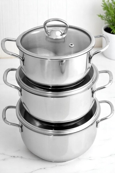 Evse Mutfak Sanatı Çelik İndiksiyon Tabanlı Mini Tencere Seti 14 - 16 -18 CM