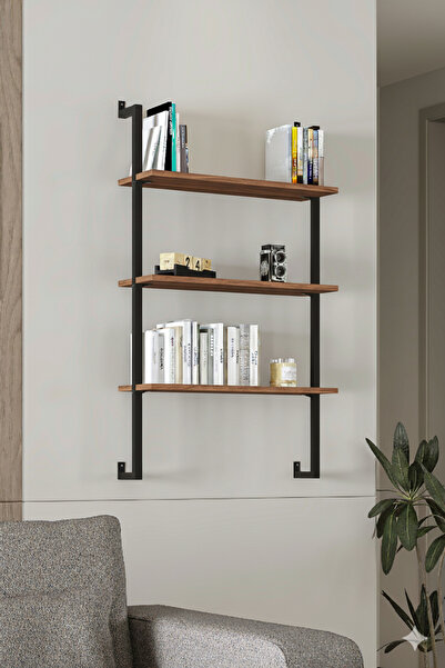 Euromob 3 Raflı Ceviz Rengi Çok Amaçlı Kitaplık / Dekoratif Duvar Rafı – Kolay Kurulum, Sağlam Tasarım