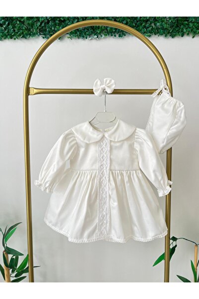 Hobidik Bebek Çocuk Kırık Beyaz Saten Önden Dantelli Elbise Set