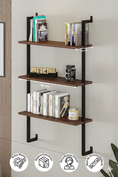 Euromob 3 Raflı Ceviz Rengi Çok Amaçlı Kitaplık / Dekoratif Duvar Rafı – Kolay Kurulum, Sağlam Tasarım