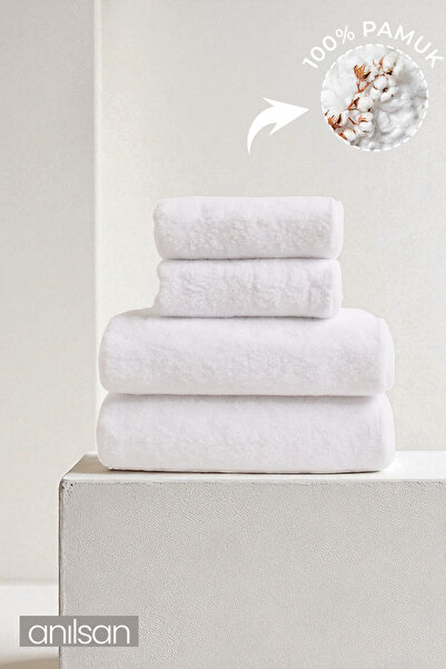 Anılsan 4-Piece White Towel Set 100% Cotton - 2 Hand Towels 50X90 and 2 Bath Towels 70X140