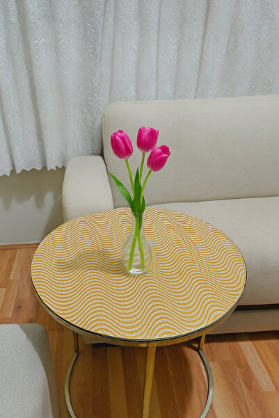 Rona Home Çeyizlik Gold Yuvarlak Orta Sehpa Örtüsü – Paralel Çizgili, Dantelli, PVC