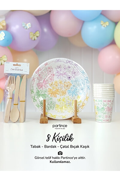 partince 8 Kişilik Fiyonk Tema Kullan At Karton Tabak Bardak Çatal Kaşık Bıçak 3 Parça Fiyonk Kelebek Parti