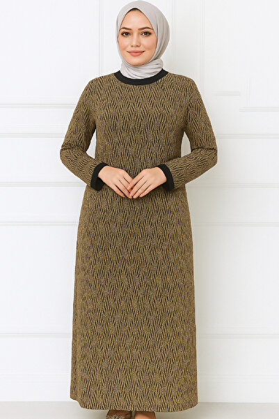 Giyinen Mağazaları Χρυσό κίτρινο Hasret με στρογγυλή λαιμόκοψη με στάμπα με χαβιάρι Κομψό βραδινό φόρεμα με κεντημένη πέτρα