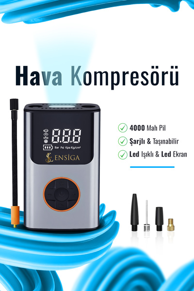 EN SİGA 4000 Mah Şarjlı Taşınabilir Araba Lastik Hava Top Şişirme Pompası LED...
