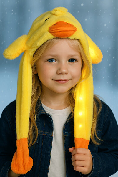 TAKIŞTIR Sarı Renk Ördek Figürlü Işıklı Kulakları Oynayan Peluş Şapka