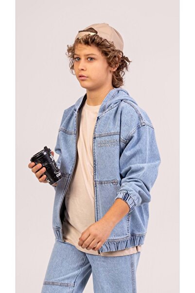 wakawakakidsstore Jachetă de blugi pentru băieți, cu buzunar cangur, cu glugă, broderie în față și în spate