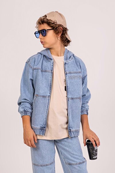 wakawakakidsstore Jachetă de blugi pentru băieți, cu buzunar cangur, cu glugă, broderie în față și în spate