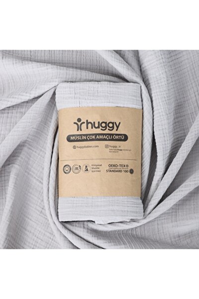 Huggy Gray Multi-Purpose 100% Cotton Muslin Baby Blanket 100X130 – 4 Layer Cotton Cover / Swaddle