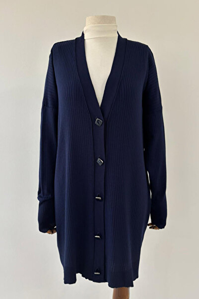 Ka Hijab Button Corded Mercerized Hijab Cardigan - Navy Blue