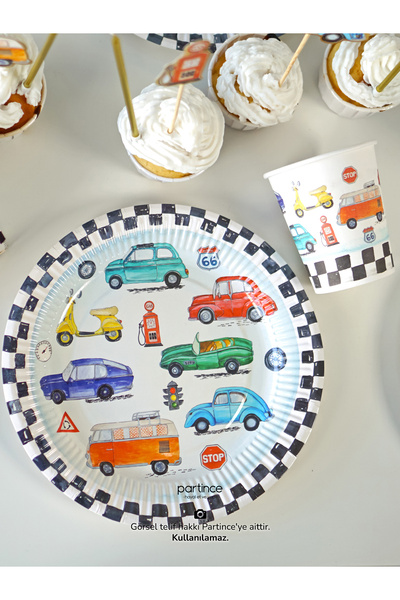 partince 8 Kişilik Klasik Araba Kullan At Karton Tabak Bardak Çatal Kaşık Bıçak Araba Parti Seti