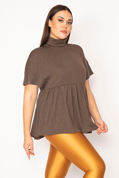 Şans Dámská velká velikost hnědý rolák s nabíraným pasem s nízkým rukávem pletená halenka 65n29661