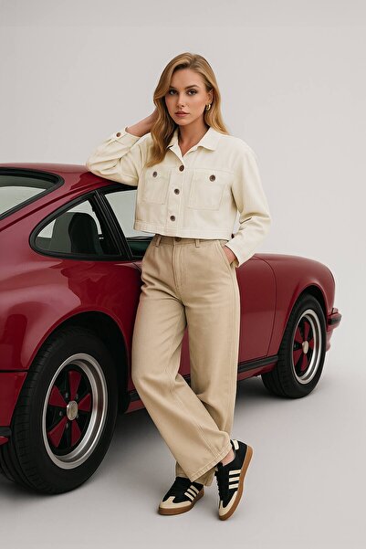 Bluewhite Women's Ecru Crop Cut Jeans Jacket