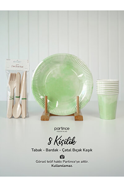 partince 8 Kişilik Makaron Mint Renkli Kullan At Karton Tabak Bardak Çatal Kaşık Bıçak Parti Seti