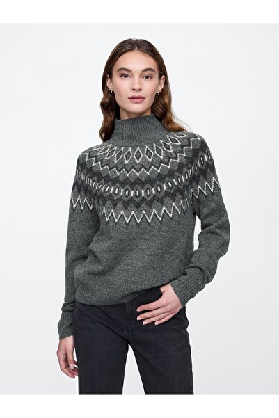GAP Kadın Gri Fair Isle Desenli Balıkçı Yaka Kazak