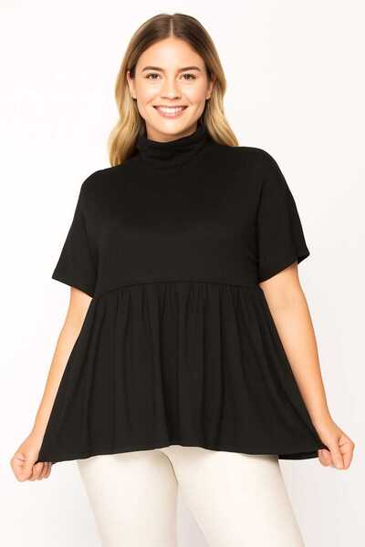 Şans Women's Large Size Black Turtleneck Collar Waist Gathered Low Sleeve Knitwear Blouse 65n29661