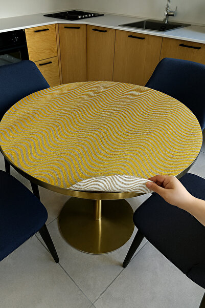 Rona Home Çeyizlik Gold Yuvarlak Orta Sehpa Örtüsü – Paralel Çizgili, Dantelli, PVC