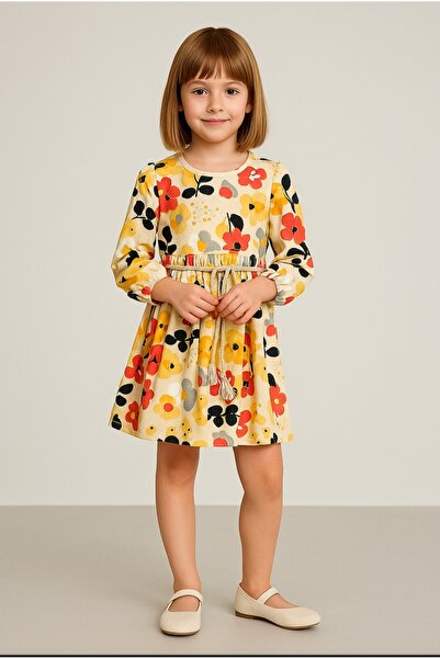 Via Girls Κοριτσίστικο υφαντό βελούδινο φόρεμα με λουλούδια και μακριά μανίκια