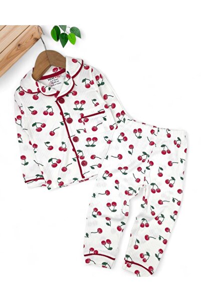 Ege Bebek Girl's Cherry Printed Double-Breasted Collar, Ribbed Seasonal Nightgown Pajama Set 2-6 Years Old