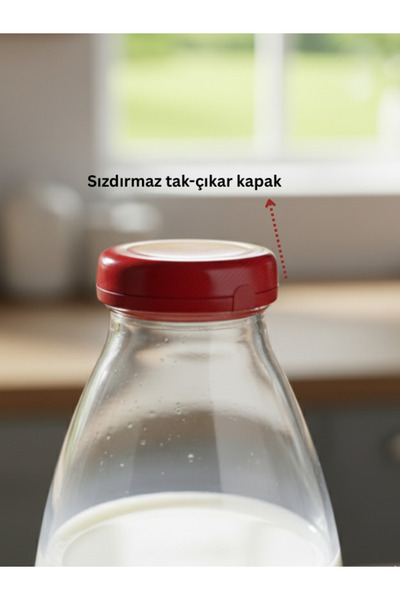Milea Sızdırmaz Kırmızı Kapaklı Şeffaf Cam Süt Ayran Limonata Meşrubat Sosluk Suluk Şişesi 1000 ml