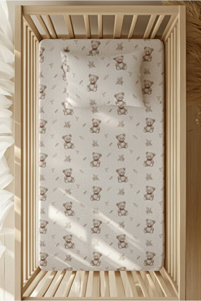 pistore طقم ملاءات سرير مطاطية من القطن بنسبة 100% - سرير بارك بنمط تيدي بير 70x120 35x45