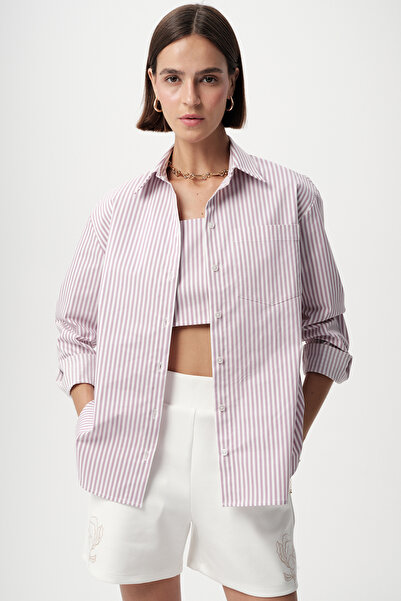 Allyco Çizgili Cepli Uzun Kol Regular Lila Gömlek