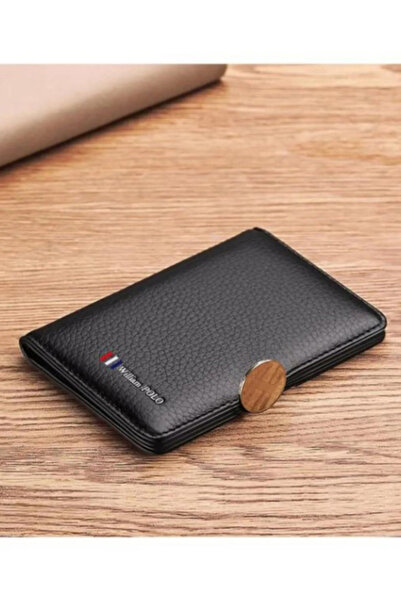 William Polo محفظة بطاقات للرجال من الجلد الطبيعي الإيطالي مصنوعة باللون الأسود الكلاسيكي الفاخر