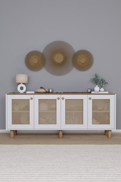 midoser Bohem Serisi Natura Pvc Hasır Desen Mat Beyaz - Açık Ceviz Konsol