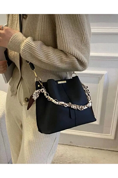 Modabag Γυναικείο κασκόλ και αξεσουάρ αλυσίδας Μαλακό δέρμα 3 θέσεων Μαύρη τσάντα χειρός και ώμου