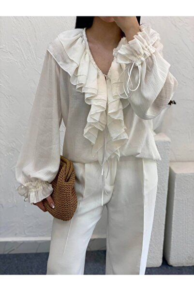 DİMA Μακρυμάνικη μπλούζα με βολάν στο γιακά και τα μανίκια