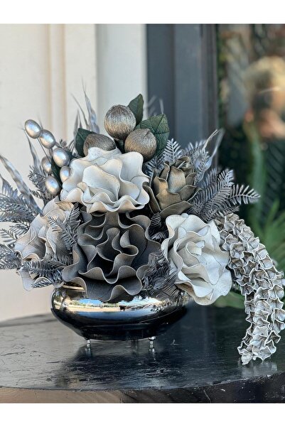 TASARIMHMODA Yapay Çiçek Aranjmanlı Gümüş Yassı Vazo No:12